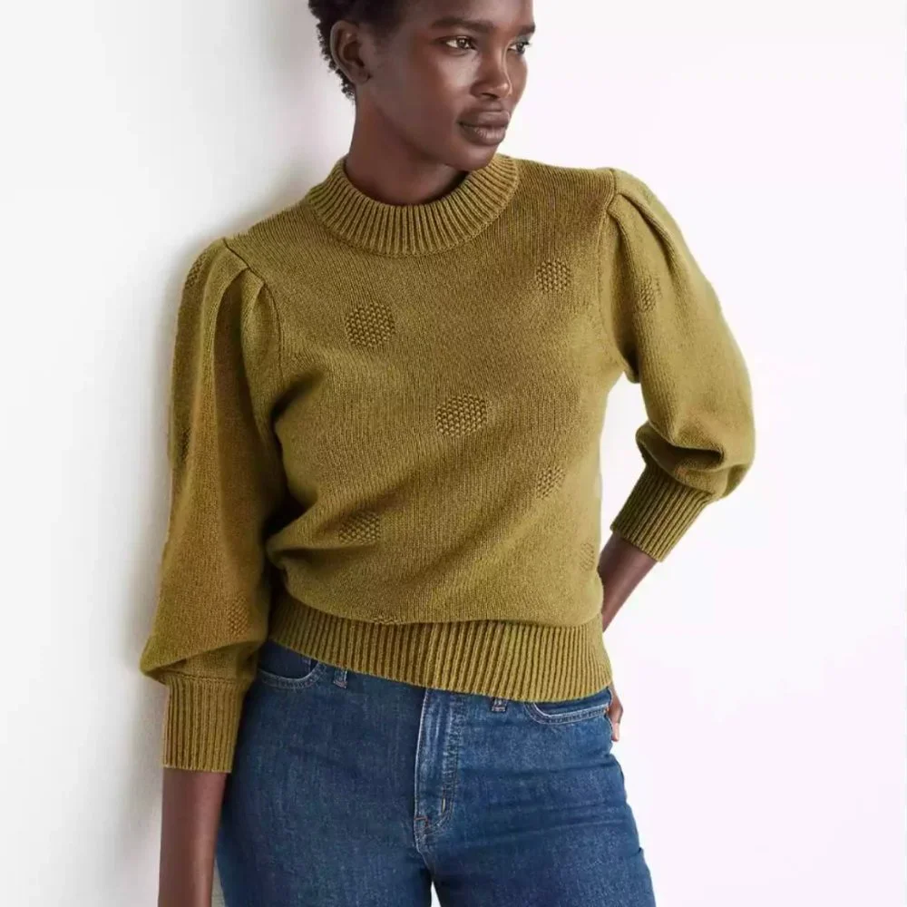 Madewell | Dotted Eaton Puff-Sleeve Pullover Sweater in Cotton-Merino Yarn - Picture 2 of 4